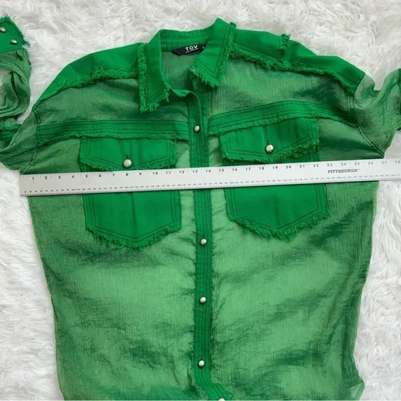 TOV Los Angeles Green Sheer Button-Down Shirt with Frayed Detailing Pockets M - Picture 6 of 9